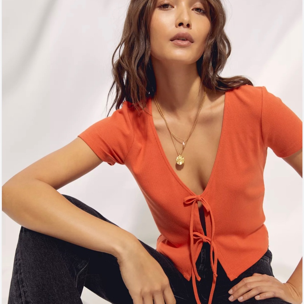 Wilfred Tie Front Alisha Ribbed Short Sleeve Top - Orange